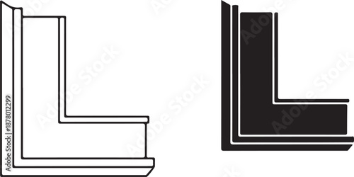 Corner bracket or L shaped construction element shown in line art and filled solid form for structural support view