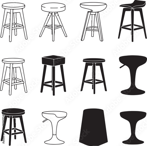 Collection of twelve stools in various designs, including high bar stools and low seating options
