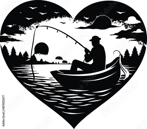 A serene silhouette of a man fishing alone in a boat on a peaceful lake at sunset, surrounded by trees and birds, within a heart-shaped frame, capturing a moment of solitude and connection with nature