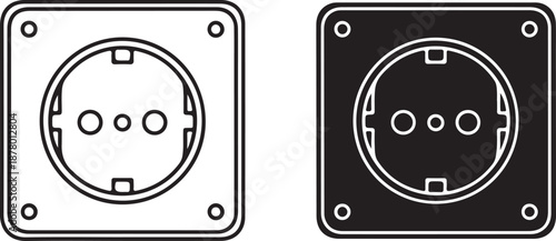 Electric wall socket icon set for power connection in linear and solid styles representing household energy supply and outlet unit