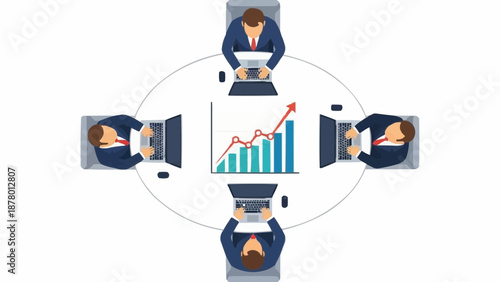 Business meeting with growth chart and laptops on round table.