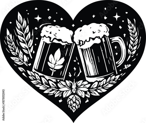 A pair of beer mugs with foamy tops and hop leaves, surrounded by foliage and stars, forming a heart shape in a whimsical illustration