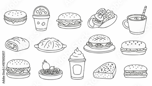 Collection of hand-drawn fast food and drink illustrations.