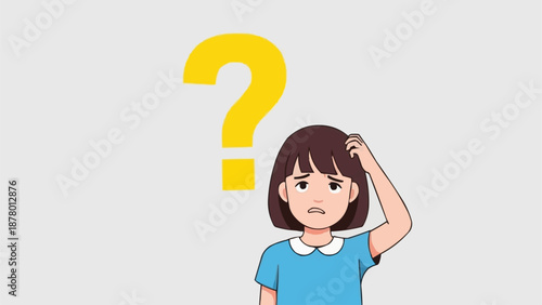 Confused young girl with question mark symbol overhead.