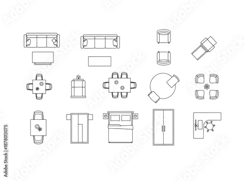 Furniture Outline Top View Floor Plan Vector Icons for Home and Interior Design