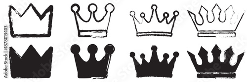Hand-Drawn Crown Vector Set, Black Ink Sketch Icons Representing Royalty, Power, Leadership, and 
Creativity, Minimal Outline and Silhouette Collection
