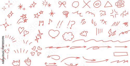 collection of hand-drawn red vector doodles and line elements, often used as anime emotion effects or emphasis symbols. 