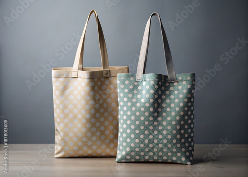 Two Fabric Shopping Tote Bags in Clean Studio Setup on Gray Background