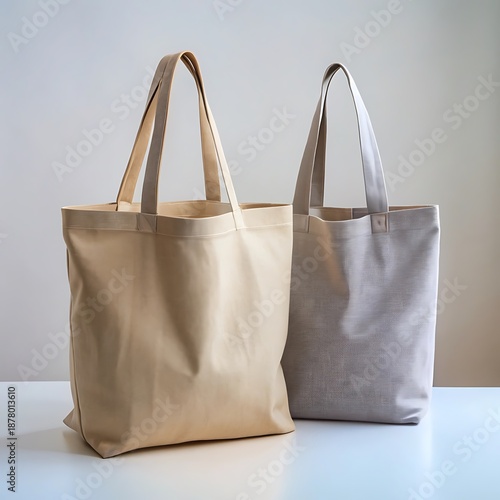 Two Fabric Shopping Tote Bags in Clean Studio Setup on Gray Background