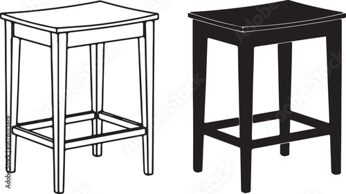 Two bar stools, one outlined and one solid black, square seat design for modern interiors