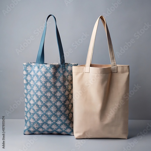 Two Fabric Shopping Tote Bags in Clean Studio Setup on Gray Background