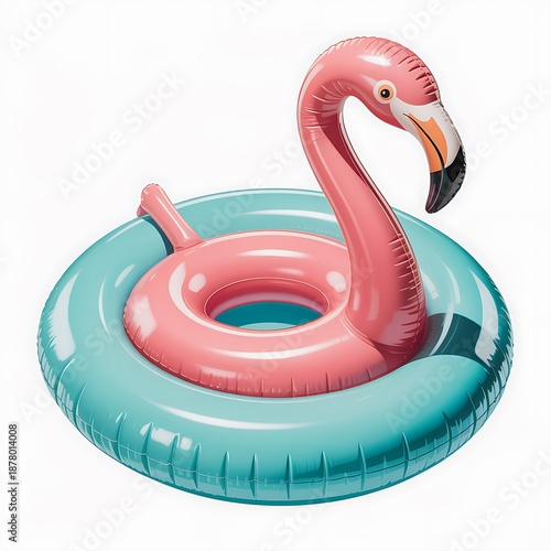 Pink flamingo pool float on turquoise inner tube isolated