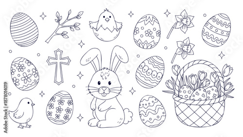 Happy Easter Holiday Doodle Coloring Vector Set Cute Bunny Eggs Chicks Flowers Spring