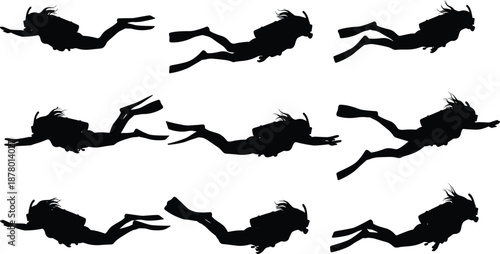 Scuba diver silhouettes in various swimming poses, black and white graphic, underwater motion study, marine exploration concept, transparent background illustration