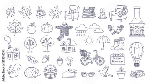 Detailed Hand Drawn Autumn Fall Season Doodle Icons Cozy Nature Vector Elements Set