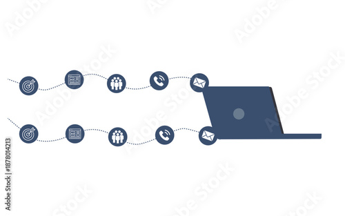 Laptop and floating communication icons, digital marketing. Perfect for global connectivity, remote work, and modern business technology projects. Flat illustrator vector file. high quality picture