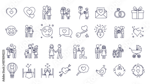 Detailed Outline Vector Icons Set of Love Relationship Dating Wedding and Family Symbols
