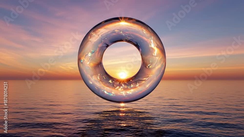 A gigantic glass ring floating above the serene ocean at sunset with a breathtaking view