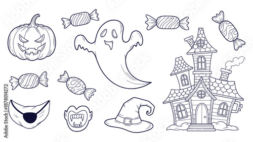 Detailed Halloween Doodle Line Art Coloring Page Set Spooky Pumpkin Ghost Haunted House Candies