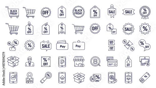 Modern Black Friday E-commerce Sale Discount and Shopping Outline Vector Line Icon Set