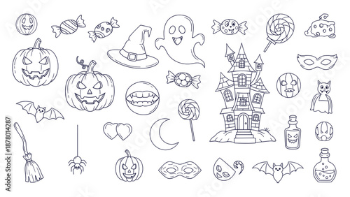 Detailed Halloween Spooky Outline Vector Collection Set Jack O Lantern Ghost Icons