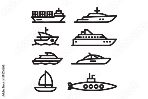 Set of Various Boat and Ship Line Icons