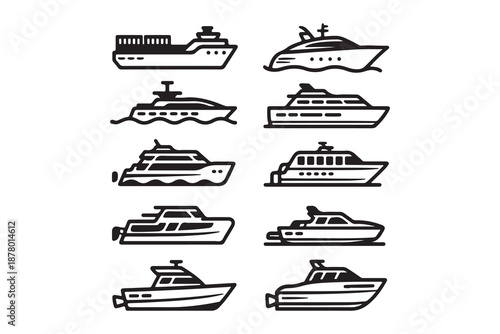 Set of Various Boat and Ship Line Icons