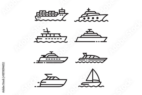 Set of Various Boat and Ship Line Icons