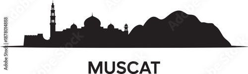 Muscat city skyline silhouette with mosque and mountains vector illustration