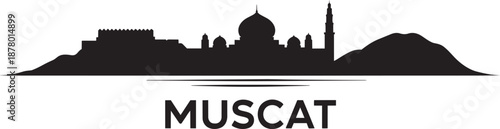 Muscat oman skyline silhouette with famous landmarks and mountains international travel destination profile