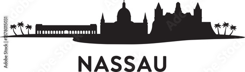 Nassau city skyline silhouette with historic architecture and palm trees scenic view panorama illustration