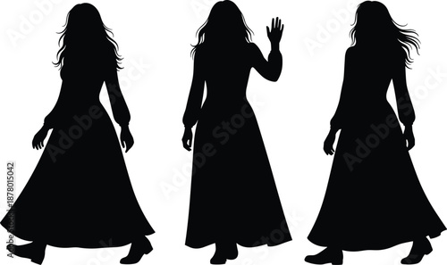 Silhouettes of person in dress showing walking and waving poses, black and white graphic, motion and gesture illustration, transparent background design