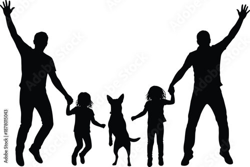 Silhouettes of family with dog in joyful pose, black and white graphic, unity and celebration concept, transparent background illustration