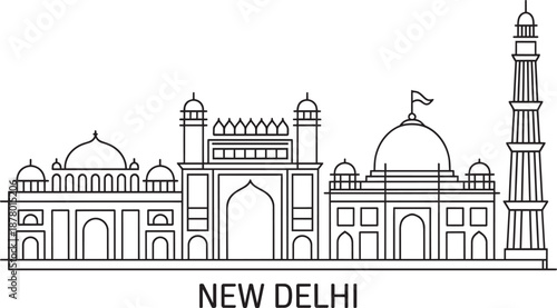 New delhi skyline linear icon set with famous monuments like qutub minar and jama masjid india