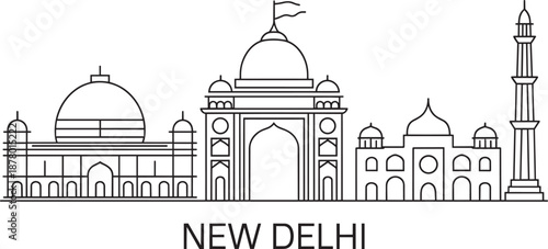 New delhi skyline minimalist outline icons featuring indian architecture and historical places