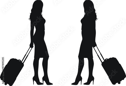 Silhouettes of person pulling suitcase, symmetrical travel pose, black and white graphic, minimalistic design, business or vacation concept, transparent background illustration
