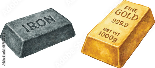 Vector watercolor illustrations of gold and iron ingots