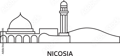 Nicosia cyprus skyline cityscape with famous buildings, line art illustration, travel background
