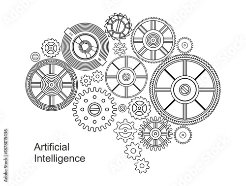 Artificial Intelligence. Brain network with connected gears . Abstract depiction of a brain made up of intricate, gears and cogs. Flat style