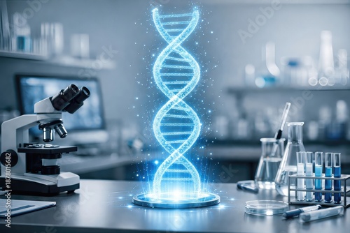 Advanced biotechnology showcasing a digital DNA helix illuminated with glowing particles above laboratory equipment representing innovations in genetic research and molecular biology