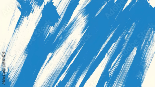 Abstract blue grunge background with white brush strokes and fluffy clouds under bright summer sunlight creating a clear sky texture