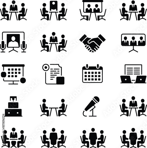 Business Meeting Icons – Teamwork, Conference and Corporate Discussion Set