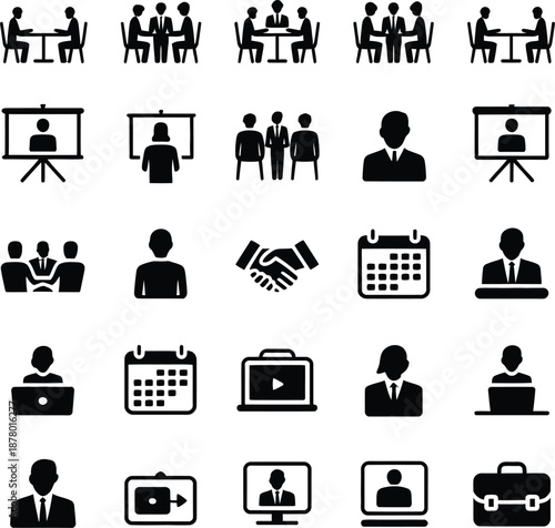 Business Meeting Icons – Teamwork, Conference and Corporate Discussion Set