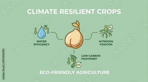 Climate resilient crops infographic, eco friendly agriculture concept, water efficiency, nitrogen fixation, low carbon footprint, sustainable farming icon design.