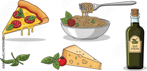 Delicious italian food components featuring pepperoni pizza slice pasta bowl olive oil bottle and large wedge of parmesan cheese