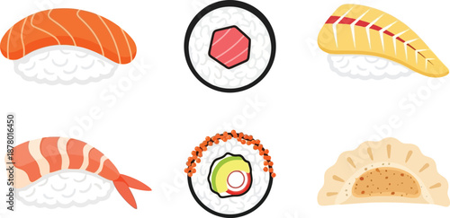 Delicious assortment of sushi rolls and nigiri including salmon shrimp and a dumpling on transparent background