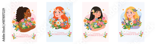 Set of flat vector illustrations of women holding spring flowers. International Women’s Day greeting cards in modern floral style, celebrating femininity, diversity, beauty, and spring season