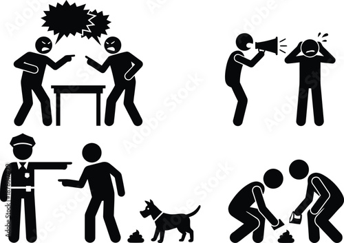 Illustration of various conflict and aggression scenes