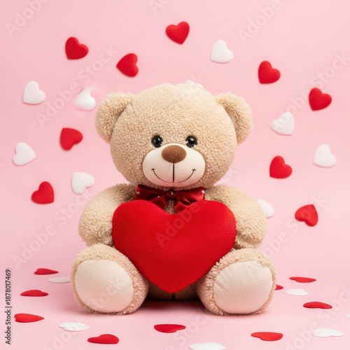 Adorable teddy bear holding a heart-shaped pillow on a pink background surrounded by hearts