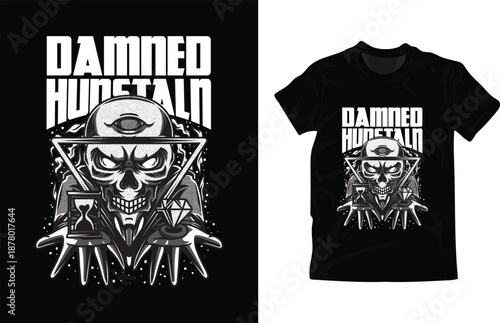 Dark Skull T-Shirt Design with Occult Symbol, Grim Reaper Illustration and Bold Typography